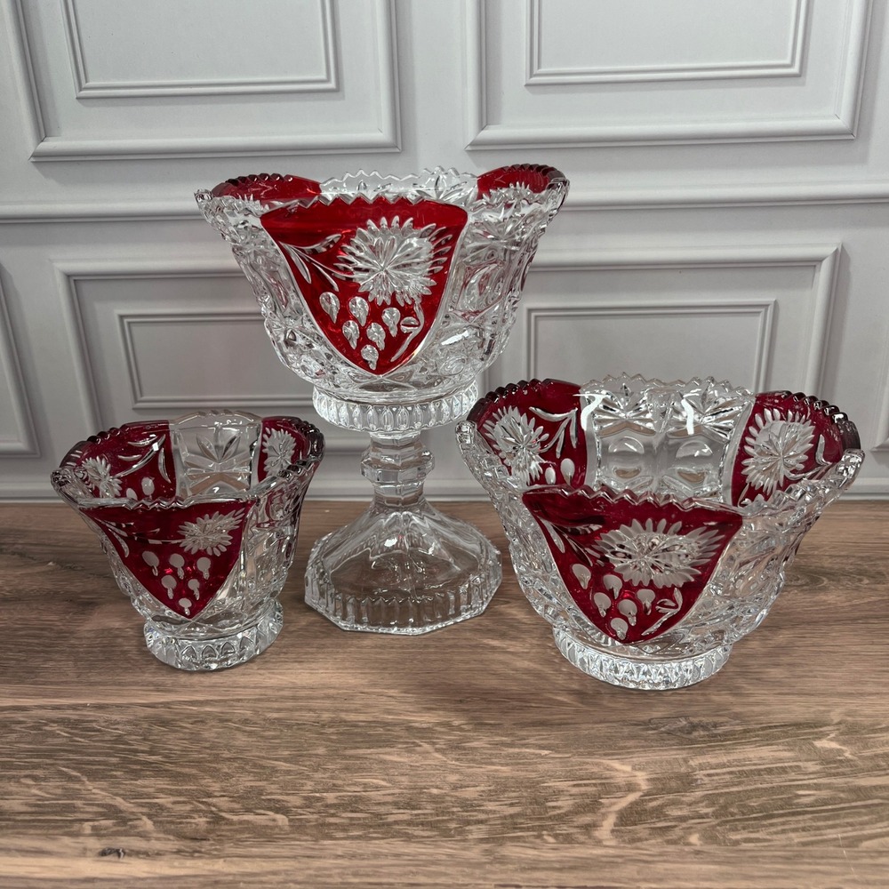 Evita Crystal 3pc Bowl Vase Set Red Clear 24% Lead Crystal Ruby Cut to Clear